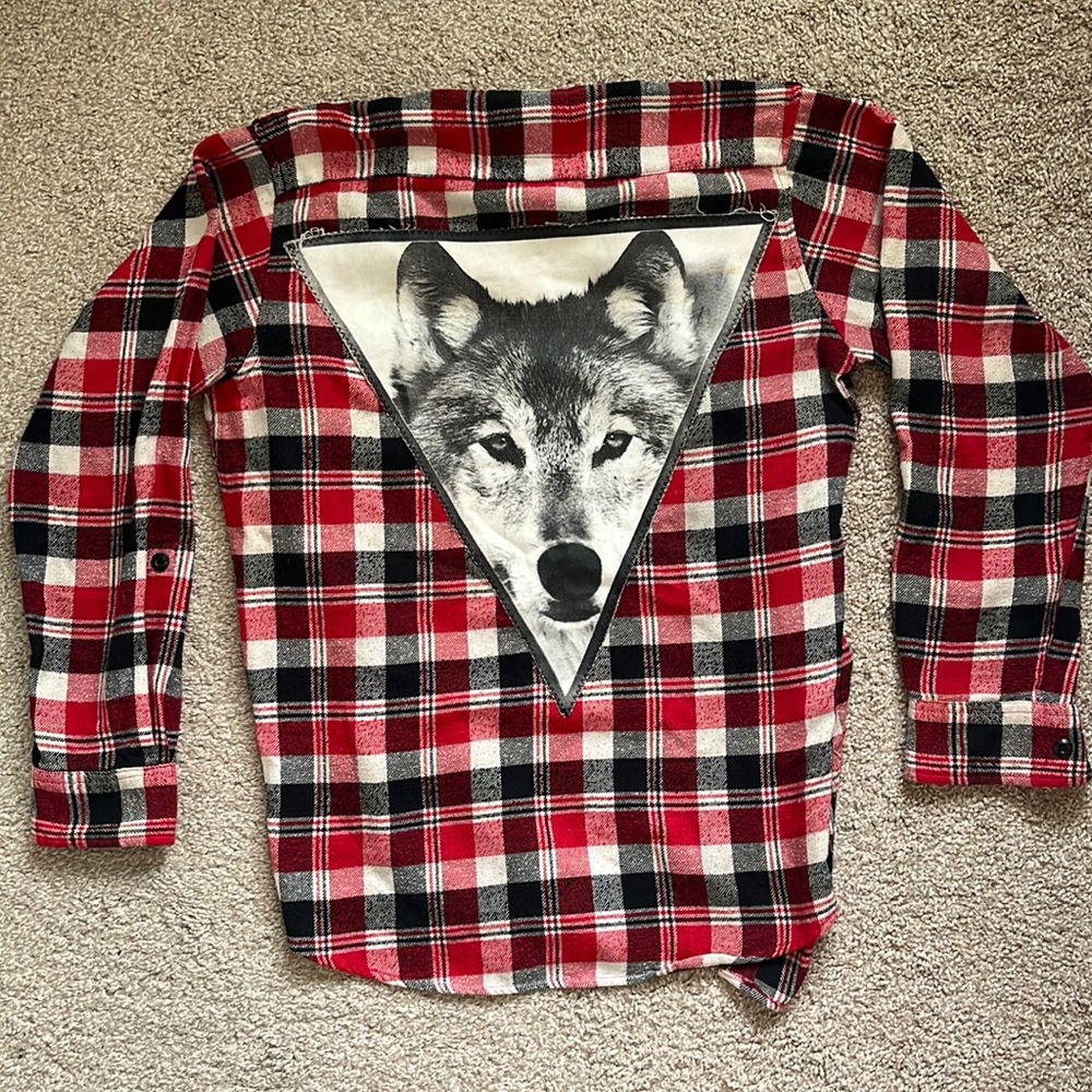 Vintage Wolf Patchwork Plaid Button-Up - image 1